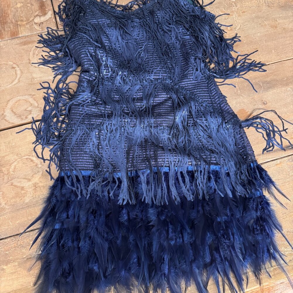 Bella Barnett Navy Sequin Feather Fringe Mini Dress — Size S | Party Dress - Picture 6 of 10